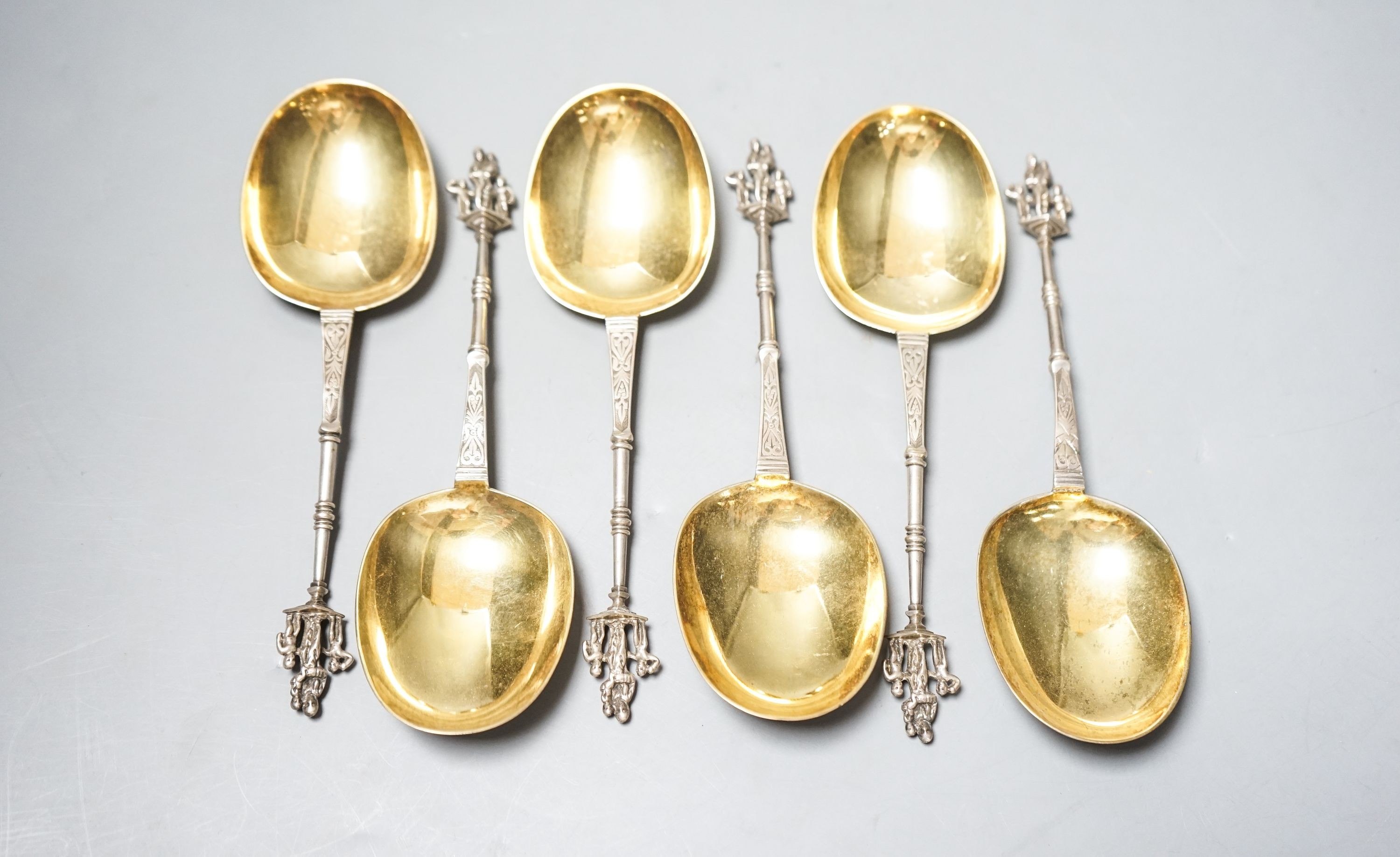 A set of six Victorian silver apostle spoons, Frederick Elkington, Birmingham, 1872, 17.5cm, 9oz.